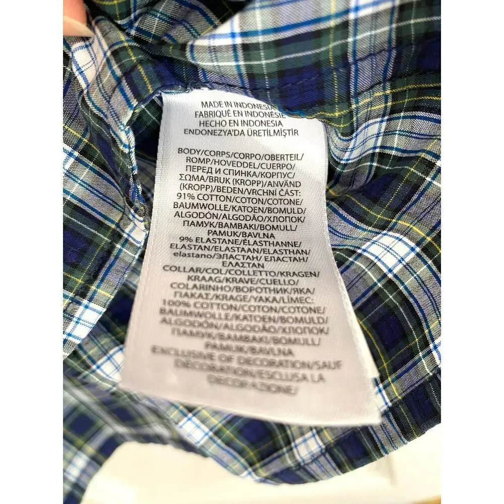 POLO Ralph Lauren Girls Navy Blue Green Plaid Stretch Poplin Shirt Button Dress